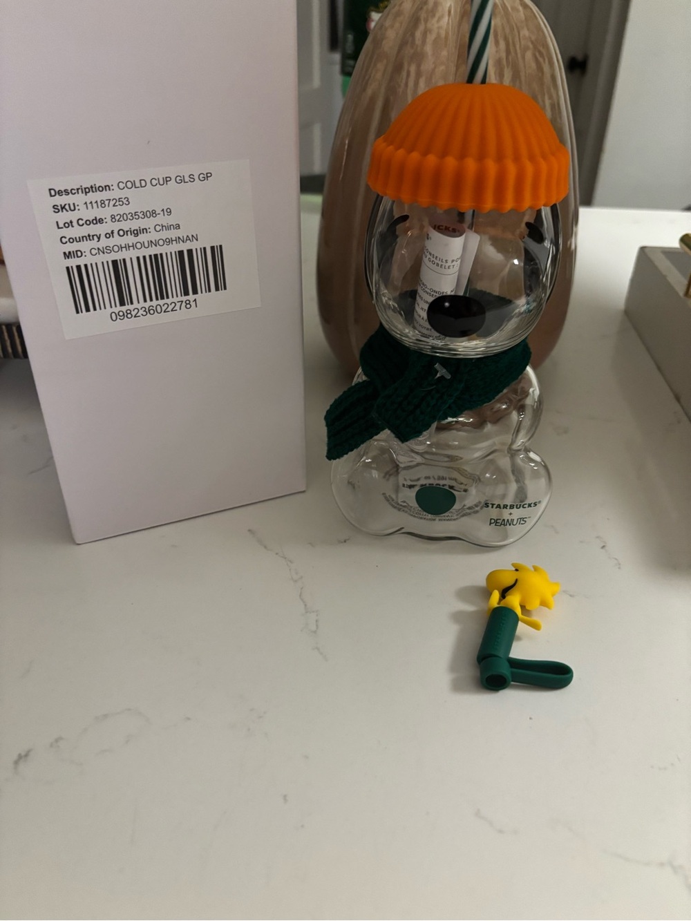 Starbucks Clear Bear Cold Cup with Orange Lid and Green Scarf